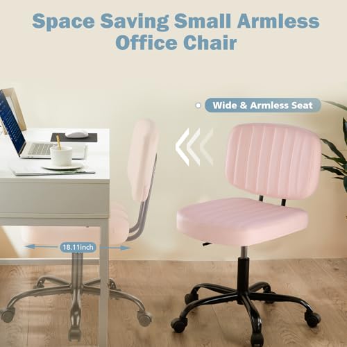 DUMOS Armless Home Office Chair: Small Desk Chair with Low Back Lumbar Support, Height Adjustable PU Leather Computer Task with 360° Swivel Wheels, for Adults, Pink - color: Pink