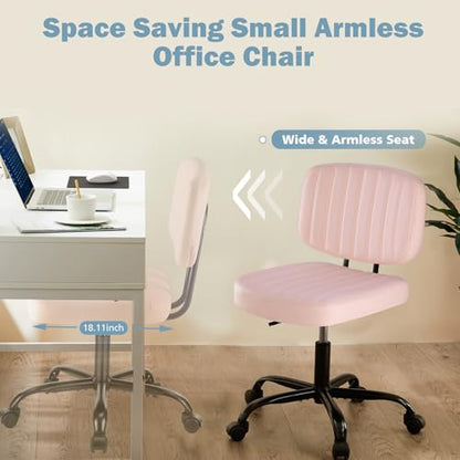 DUMOS Armless Home Office Chair: Small Desk Chair with Low Back Lumbar Support, Height Adjustable PU Leather Computer Task with 360° Swivel Wheels, for Adults, Pink - color: Pink