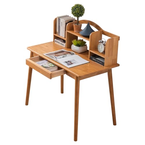 Solid Wood Desk with Drawers, Wooden Computer Desk for Home Office, Gaming Study Desk for Small Spaces, Writing Work Desk for Bedroom,Easy Assembly (Teak Color 40 inch) - color: Teak Color 40 Inch