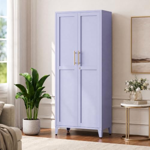 Lockable 61 Inch Tall Metal Storage Cabinet with Adjustable Shelves,4-Tier Steel Storage Locker,2-Door Metal Display Cabinet for Bedroom,Living Room, Home Office Purple - color: Purple, style: 61"H-Cabinets-GY