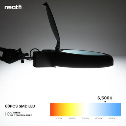Neatfi LED Magnifying Lamp with Clamp | 12W | 60 SMD LEDs |1,200 Lumens | Adjustable Step Dimming | 2.25x Magnification Desk Lamp Magnifier for Crafts, Painting, and Hobbies (Black-2, 5-Diopter) - color: Black-2, size: 5-Diopter