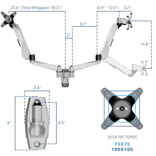 Mount-It! CLiX Dual Monitor Wall Mount, Gas Spring, Silver | TAA-compliant arms for 2 monitors 13-32" up to 19.8 lbs each, VESA 75/100, effortless height adjustable aluminum.