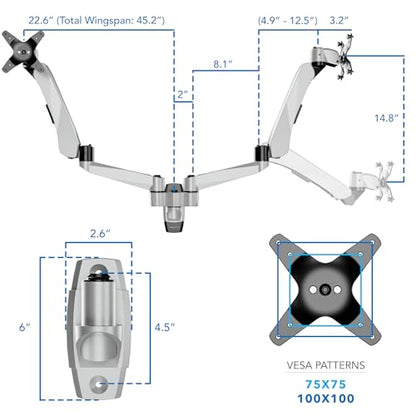 Mount-It! CLiX Dual Monitor Wall Mount, Gas Spring, Silver | TAA-compliant arms for 2 monitors 13-32" up to 19.8 lbs each, VESA 75/100, effortless height adjustable aluminum.