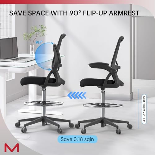 Ergonomic Drafting Chair, Tall Height Adjustable Office Stool with Flip Up Armrest, Adjustable Foot Ring & Lumbar Support, Rolling Mesh High Desk Chair for Standing Desk, Studio & Office Use - color: Matte Black
