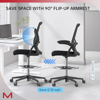 Ergonomic Drafting Chair, Tall Height Adjustable Office Stool with Flip Up Armrest, Adjustable Foot Ring & Lumbar Support, Rolling Mesh High Desk Chair for Standing Desk, Studio & Office Use - color: Matte Black