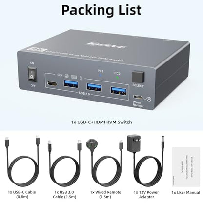 USB C KVM Switch 2 Monitors 1 Laptop 1 Desktop 4K@60Hz, HDMI Dual Monitor KVM Switch 2 Computers Share 2 Monitors and 4 USB3.0 Ports, 80W PD Charging, Wired Remote,USB-C Cable and 12V Adapter Included