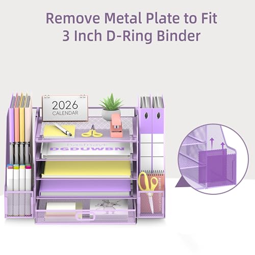SUPEASY Mesh Desk Organizer with File Holder, 5-Tier Paper Letter Tray Organizer with Magazine Holder, Desktop Organizer and Storage with Drawer for Office Supplies Home or School (Purple) | Two side magazine holders and a bottom drawer store papers, fold