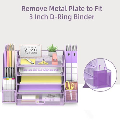 SUPEASY Mesh Desk Organizer with File Holder, 5-Tier Paper Letter Tray Organizer with Magazine Holder, Desktop Organizer and Storage with Drawer for Office Supplies Home or School (Purple) | Two side magazine holders and a bottom drawer store papers, fold