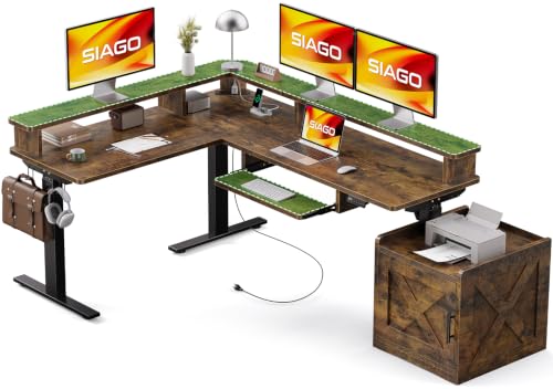 SIAGO 63x55 L-Shaped Standing Desk with Monitor Shelf & Cabinet - color: Rustic Brown, size: 63 x 55 Inch with Cabinet