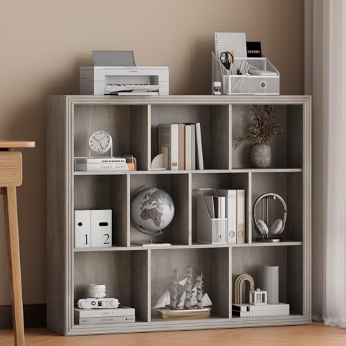 Wooden 10-Cube Storage Organizer, 3-Tier Bookshelf, Wood Grey Bookshelf, Bookcase, Cubical Storage Shelf with 3 Removable Back Panels for Bedroom Home and Office - color: Grey