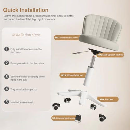Small Round Rolling Desk Chair Armless Comfy Vanity Computer Chair with Low Backrest PU Leather Height Adjustable Swivel Work Spa Chair - color: Grey, style: Set of 1 with backrest