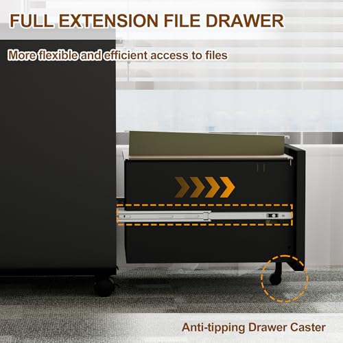 3 Drawer Mobile File Cabinet with Lock, 4 Keys and 25 Letter File Folders | Heavy-Duty Steel Rolling Filing Cabinet Pre-Assembled Under Desk for Home Office Letters/Legal/A4 Hanging File Folders - color: Black, size: 23.8"H*15.7"W-3 Drawers(25 letter fold