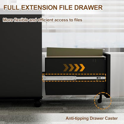3 Drawer Mobile File Cabinet with Lock, 4 Keys and 25 Letter File Folders | Heavy-Duty Steel Rolling Filing Cabinet Pre-Assembled Under Desk for Home Office Letters/Legal/A4 Hanging File Folders - color: Black, size: 23.8"H*15.7"W-3 Drawers(25 letter fold