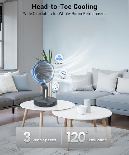 Geek Aire Foldable Battery Operated Fan, Portable Rechargeable USB Floor Table Fan with LED Light, Quiet Oscillating Pedestal Fans that Blow Cold Air for Bedroom Office Camping Travel - Grey - color: Grey