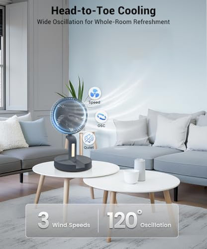 Geek Aire Foldable Battery Operated Fan, Portable Rechargeable USB Floor Table Fan with LED Light, Quiet Oscillating Pedestal Fans that Blow Cold Air for Bedroom Office Camping Travel - Grey - color: Grey