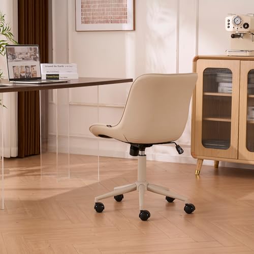 YOUNIKE Faux Leather Office Desk Chair Comfy Vanity Chair Armless Cream | Ergonomic Upholstered Rocking Back, Swivel with Wheels, Height Adjustable, Modern Task Chair For Computer Sewing Drafting - color: Cream