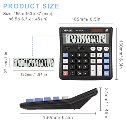 OSALO Extra Large Desktop Calculator Big Buttons 12 Digit, Solar, Black - size: OS-200ML Pro Black