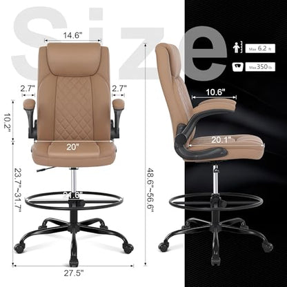 Misolant Drafting Chair, Tall Office Chair for Standing Desk, Standing Chair with Adjustable Height and Flip-up Armrest, Leather Drafting Chair, High Office Chair for Counter Height Desk - color: Brown