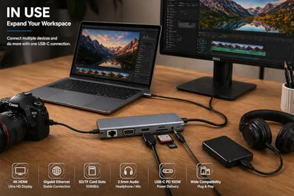 USB-C Hub 11-in-1 Multiport Docking Station with 4K HDMI, VGA, Ethernet, 100W PD, USB 3.0, SD/TF Card Reader & Audio Jack – USB-C Adapter for Laptop, MacBook, Windows & Chromebook
