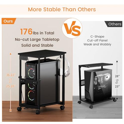 Snughome Extra-Large Computer Tower Stand with Charging Station, Adjustable PC Tower Stand for Floor 25.2"-36.2", Mobile Rolling CPU Holder Cart with Locking Wheels for Gaming Office Home - size: 23.62''L × 15.75''W × 36.22''H