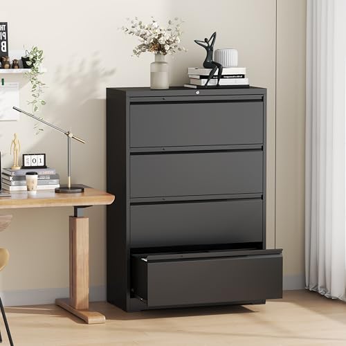 4 Drawer Metal Lateral File Cabinet with Lock for Home Office | 35.5 Inch Ultra Spacious Tabletop;440 LBS Max Weight Capacity;for Letter/Legal/F4/A4 Size;Fast Easy Assemble;Black - color: Black, size: 15.7"D x 35.4"W x 52"H（4 Drawers）