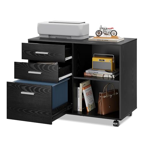 DEVAISE Wood File Cabinet, 3 Drawer Lateral Filing Cabinet Black | Mobile Office Cabinet, Printer Stand, Open Storage Shelves, Letter & A4 Compatible, Home Office - color: Black, style: Upgrade