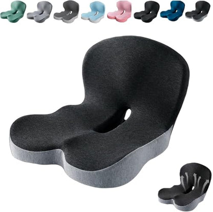 Celinva Orthopedic Cushion,Ergonomic Memory Foam L-Shaped Integrated Seat Cushions with Adjustable Strap,Ultra Breathable Non-Slip Design for Office Chair,Car,Wheelchair (Black+Gray)