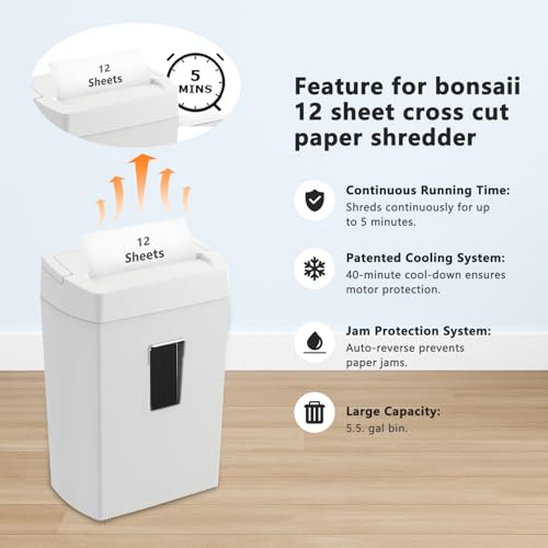 Bonsaii Heavy-Duty Cross-Cut Shredder, Handles up to 12 Sheets at Once, Providing P-4 high Security, Credit Cards, Mail & taples, 5.5-Gallon bin with a Transparent Window, Use in Home Offices, White - color: White, size: 12-Sheet | 5 min