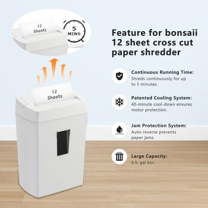 Bonsaii Heavy-Duty Cross-Cut Shredder, Handles up to 12 Sheets at Once, Providing P-4 high Security, Credit Cards, Mail & taples, 5.5-Gallon bin with a Transparent Window, Use in Home Offices, White - color: White, size: 12-Sheet | 5 min