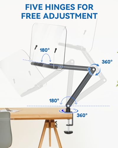 Desk Clamp Acrylic Book Stand for Reading, Ergonomic Design Adjustable Height up to 20 inches with Rotating Bases Cookbook Stand, Suitable for Recipe, Sheet Music, Tablet(Gray)