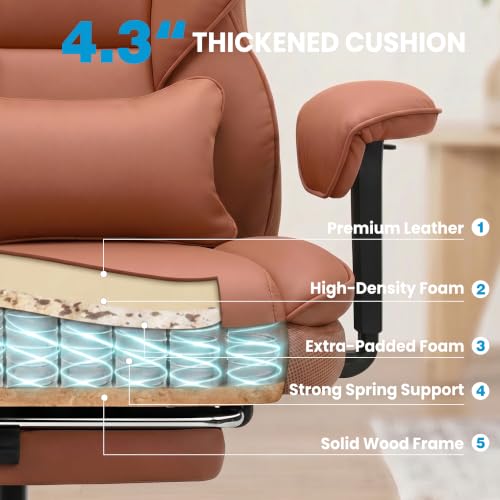 ALLGOD Office Desk Chair, Big and Tall Executive Chair with Lumbar Support, High Back Computer Gaming Chair, PU Leather with Pocket Spring Cushion, Adjustable Armrests and Footrest, Brown - color: Brown