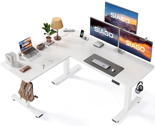 SIAGO 63x55 Inch L-Shaped Standing Desk with Charging Station Corner Desk - color: White, size: 63 x 55 Inch