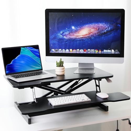 Standing Desk Converter, 32" Height Adjustable Sit to Stand Up Desk Workstation, Dual Monitor Riser with Keyboard Tray, Desktop Riser for Home Office (Black)