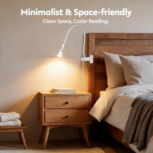acegoo Minimalist Reading Light for Bed Headboard Dimmable White Book Light Clip on Lamp with USB-C Adapter, Flexible Neck & Handy Lamp Head Switch, CRI 90+ - color: White