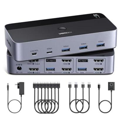 UGREEN HDMI KVM Switch 2 Monitors 2 Computers 4K@60Hz, with 4 USB 3.0 Ports | for 2 Computers Sharing 2 Monitors Keyboard Mouse Printer Webcam, with 4 HDMI + 2 USB Cables, Power Adapter and Controller