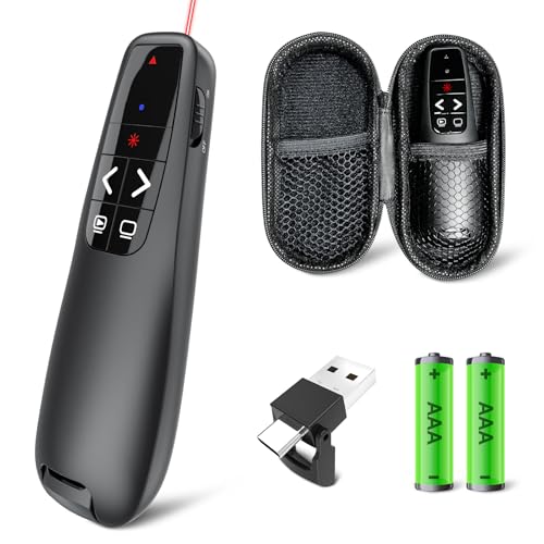 Presentation Clicker with Case, Wireless Presenter Remote & Red Laser | 2‑in‑1 USB/Type C Receiver, Slideshow Google Slide Advancer, Computer PowerPoint PPT Clicker for Mac/Windows Laptop - style: Red Laser + Case