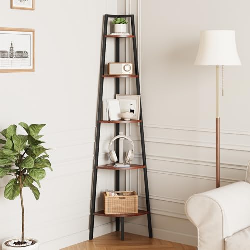 Yoobure 5-Tier Corner Shelf Stand- 67.5" Tall Corner Bookshelf with Metal Frame, Industrial Ladder Corner Shelves Display Shelf for Bedroom Living Room, Corner Bookcase Corner Plant Stand for Balcony - color: Berry Brown, size: 5 Tier