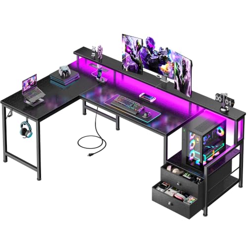 Korfile 57'' L Shaped Gaming Desk with Storage Drawers, Power Outlets, LED - color: Black, size: Medium: 57 inches