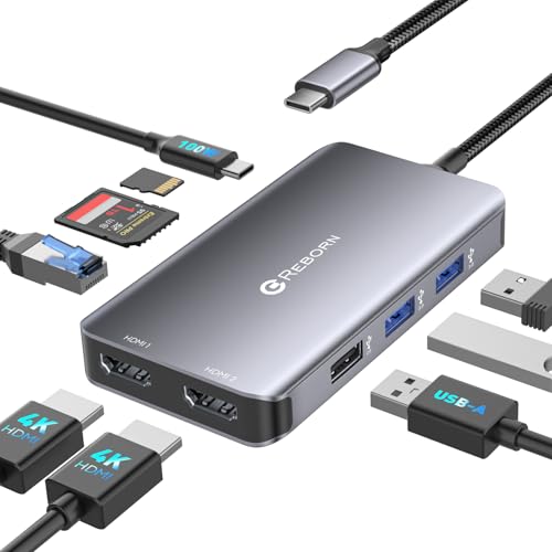 Reborn Laptop Docking Station Dual Monitor, 9-in-1 USB C Hub Dual Monitor with 4K 2HDMI Ports, 1Gbps Ethernet, 5Gbps USB A&C 3.0, 100W PD, SD Card Reader, USBC Dock for MacBook/Dell XPS/HP/Surface etc