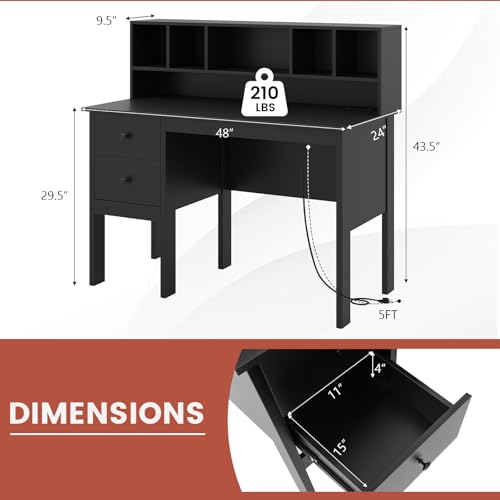 LDAILY Modern Home Office Desk with Hutch, Office Desk with USB Charging Ports and Power Outlets, Computer Desk with 5 Storage Cubbies and 2 Drawers, Writing Study Desk for Bedroom (Black) - color: Black
