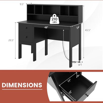 LDAILY Modern Home Office Desk with Hutch, Office Desk with USB Charging Ports and Power Outlets, Computer Desk with 5 Storage Cubbies and 2 Drawers, Writing Study Desk for Bedroom (Black) - color: Black