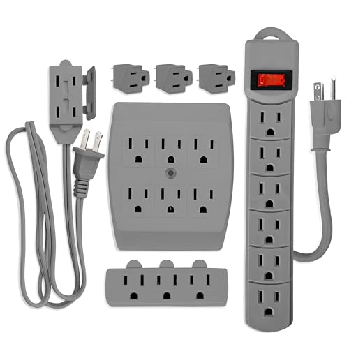 7 Piece Power Value Pack Multi-Outlet Kit Set Includes 6 Outlet Power Strip, 6 Outlet Extender, 3 Outlet Extender, 5 Ft Indoor Extension Cord, 3 Pcs 3 to 2 Prong Adopters, Gray - color: Gray