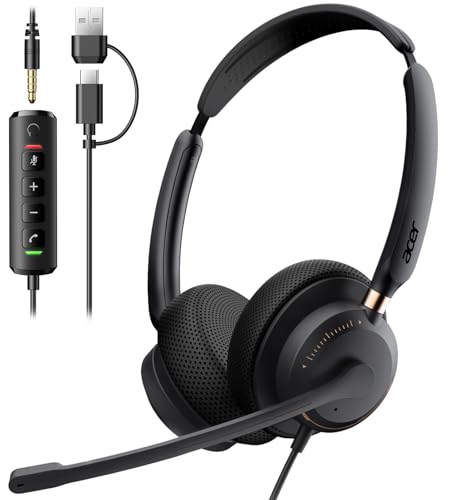 Acer USB Headset with Microphone for PC, Clear Sound Quality for Call ＆ Meetings, Wired Computer Headset for Work, Dual Ear Headset for Office, Laptop, Teams and Call Center Use - USB-A/C & 3.5mm