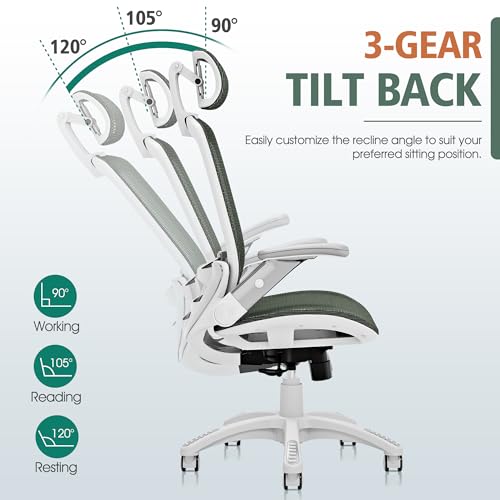 GABRYLLY Ergonomic Office Chair, High Back Home Desk Chair with Headrest, Flip-Up Arms, 90-120° Tilt Lock and Wide Cushion, 300LBS Mesh Chairs for Man Woman, White Task Chair(Olive Green,GY01WOG) - color: White Frame Olive Green Mesh