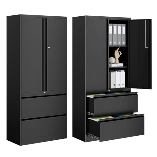 PEUKC 2-Drawer Metal File Cabinet, Lateral Vertical Filing Cabinets for Home Office, Locking File Cabinet with Storage Shelves, Legal/Letter/A4 Size Office File Cabinets (Black, Assemble Required) - color: Black, size: 71''H
