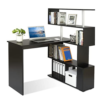 Mondeer 41.7" L-Shaped Desk with 4-Tier Shelves for Home Office in Black - color: Black
