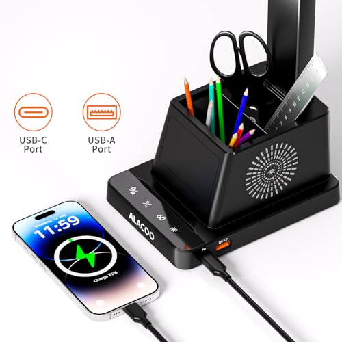 Study Desk Lamp for Office Home, Eye-Caring Desk Light with USB Port & RGB Phone Holder, 3 Color×4 Brightness, Adjustable Arm, Touch-Control Lamp for Kids/Reading (Black)