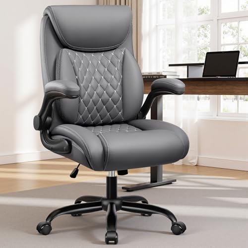BESTFAIR Office Desk Chair with Lumbar Support for Lower Back Pain | Executive Leather Home Chair Comfy with Padded Flip-up Armrests, Gray, 4-Pack - color: Grey, size: 4 Pack