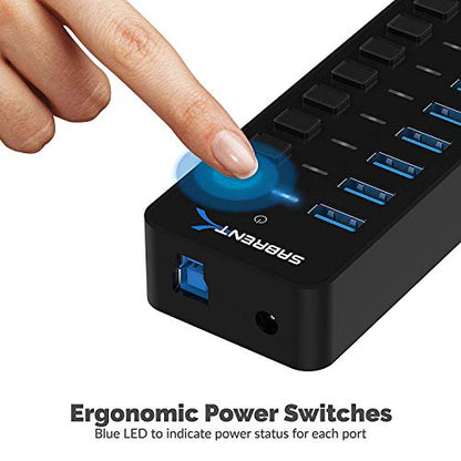 SABRENT 10-Port 60W Powered USB 3.0 Hub, Power Switches & LEDs (HB-BU10) | Individual power switches + LEDs; includes 60W 12V/5A power adapter; for PC & Mac - size: 10-Port - 10 USB 3.0