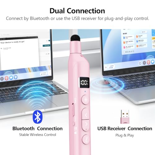 N21 Bluetooth Presentation Clicker for PowerPoint with Retractable Pointer | ①Laser Pointer②Telescopic touch pen③Countdown timer, vibration alert ④Customizable Button ⑤Rechargeable;battery level display - color: Pink - Red Pointer